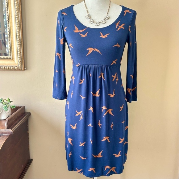 Boden Must Have Tunic Dress Navy Birds Print Novelty 3/4 Sleeve Mini Jersey 6 - Picture 3 of 8
